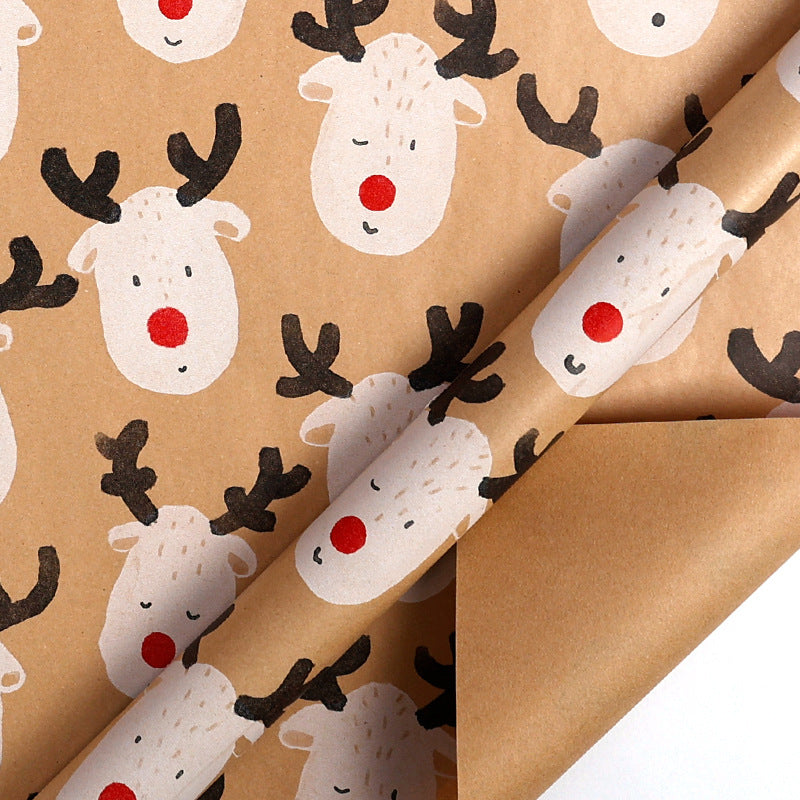 Large Size Gift Wrapping Paper Roll Brown Christmas Reindeer Head Elk Green Plaid Gift Box Recyclable Gift Paper
