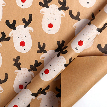 Large Size Gift Wrapping Paper Roll Brown Christmas Reindeer Head Elk Green Plaid Gift Box Recyclable Gift Paper