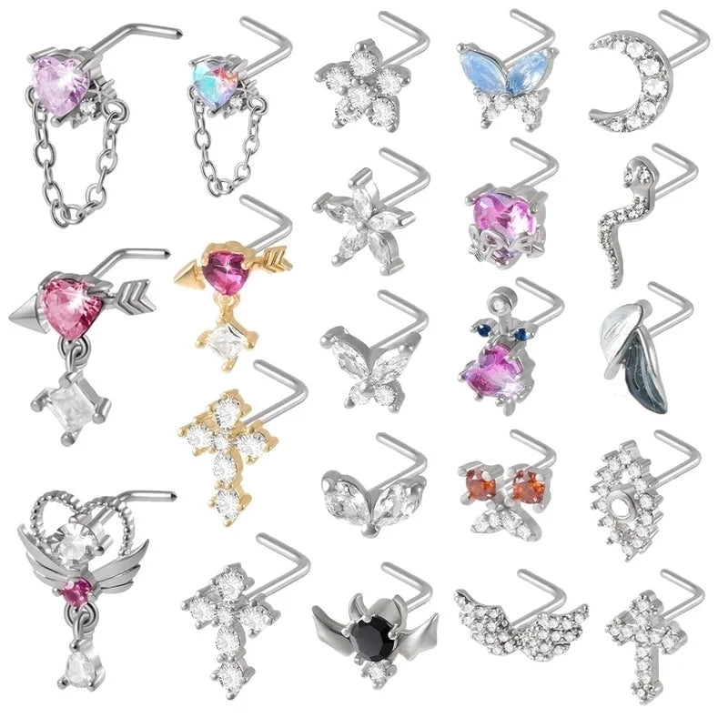 2 Pieces Nose Rings & Studs Streetwear Moon Heart Shape Butterfly 304 Stainless Steel Copper Zircon Inlay Zircon