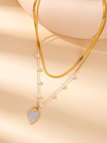 IG Style Minimalist Heart Shape Titanium Steel Shell Zircon Inlay Earrings Necklace