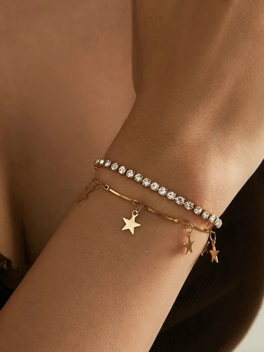 Elegant Glam Cross Star Leaves 304 Stainless Steel 18K Gold Plated Rhinestones Stainless Steel Bracelets In Bulk