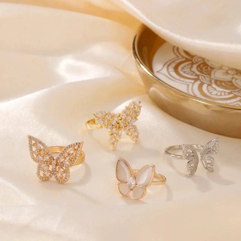 Copper K Gold Plated Rhodium Plated Sweet Minimalist Artistic Inlay Butterfly Zircon Open Rings