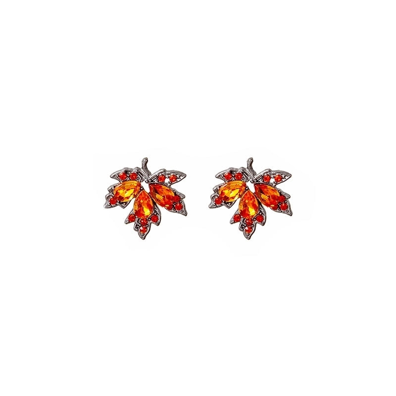 Silver Needle Autumn And Winter Micro-inlaid Full Diamond Red Zircon Red Maple Leaf Earrings Retro Artistic Temperament Girl's Ear Jewelry