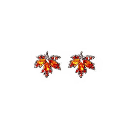 Silver Needle Autumn And Winter Micro-inlaid Full Diamond Red Zircon Red Maple Leaf Earrings Retro Artistic Temperament Girl's Ear Jewelry