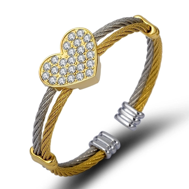 Minimalist Heart Shape Stainless Steel Rhinestones Bangle In Bulk