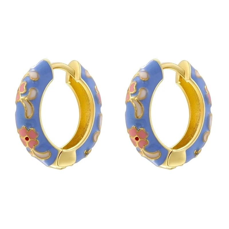 1 Pair Chinoiserie Vintage Style Round Petal Enamel Plating Copper 18K Gold Plated Earrings