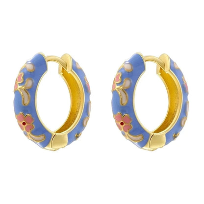 1 Pair Chinoiserie Vintage Style Round Petal Enamel Plating Copper 18K Gold Plated Earrings