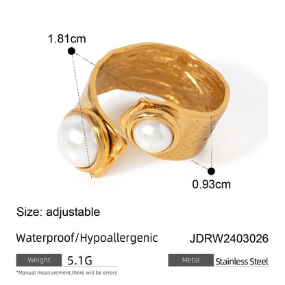 Exaggerated Geometric 304 Stainless Steel Pearl Zircon Gold Plated Plating Inlay Open Rings