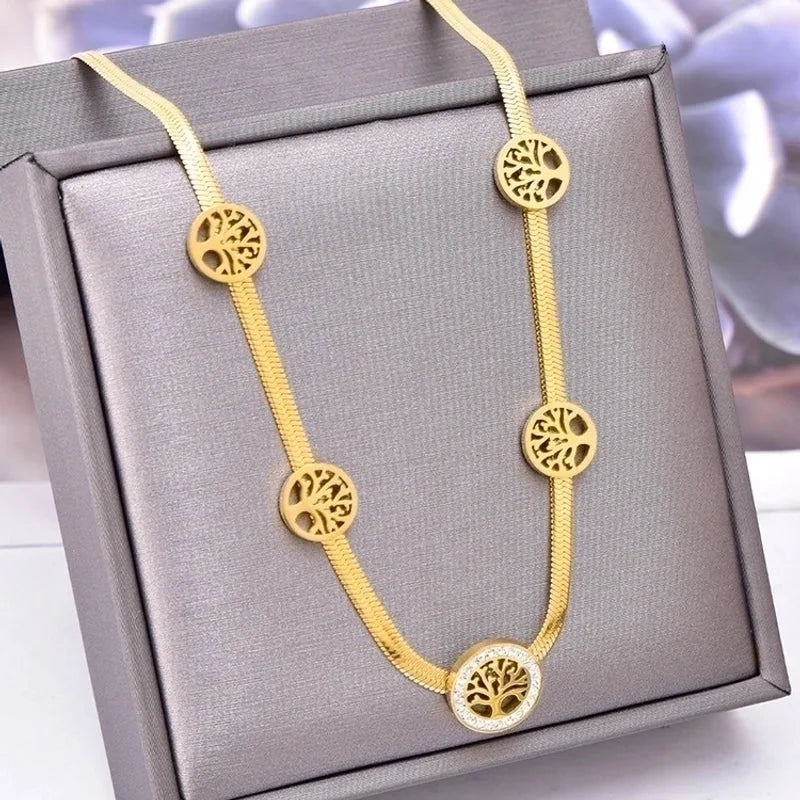 Fashion Tree 304 Stainless Steel Rhinestones 18K Gold Plated Inlay Stainless Steel Necklaces