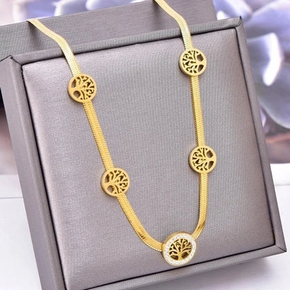 Fashion Tree 304 Stainless Steel Rhinestones 18K Gold Plated Inlay Stainless Steel Necklaces