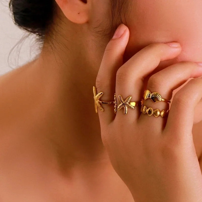 Vintage Style Modern Style Minimalist Starfish Shell 304 Stainless Steel 18K Gold Plated Plating Open Rings