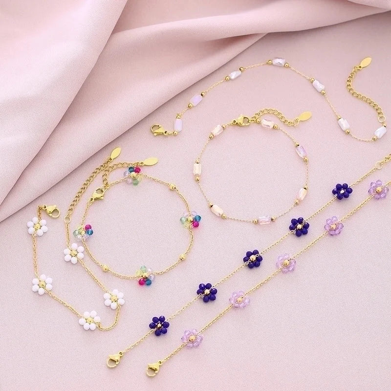 Sweet Shiny Petal 201 Stainless Steel Artificial Crystal 18K Gold Plated Bracelets In Bulk