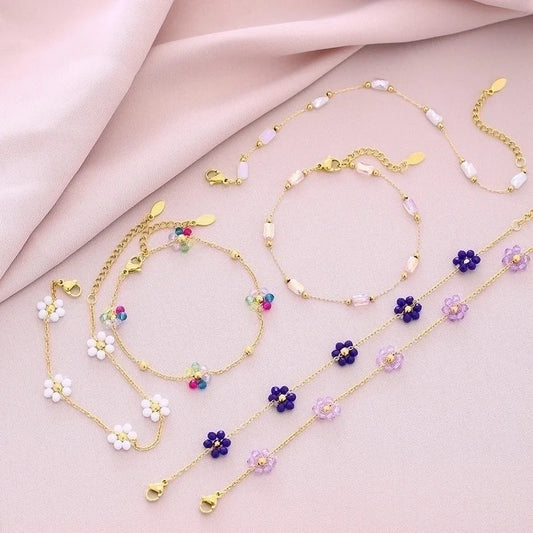 Sweet Shiny Petal 201 Stainless Steel Artificial Crystal 18K Gold Plated Bracelets In Bulk