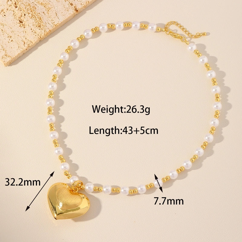 Sweet Classic Style Heart Shape Imitation Pearl Copper 18K Gold Plated Beaded Pendant Necklace