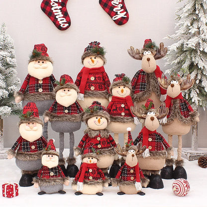 2 Pieces Christmas Stretchable Doll Red Plaid Fabric Doll Gift Elderly Snowman Mall Decoration Ornament Decoration Supplies