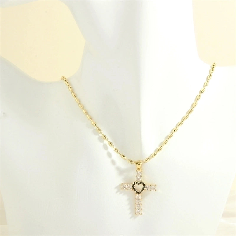 Minimalist Cross Heart Shape Copper 18k Gold Plated Zircon Pendant Necklace In Bulk