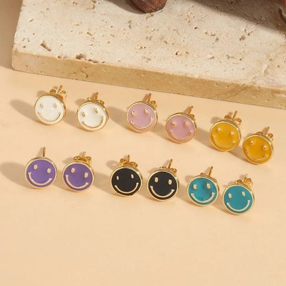 1 Pair Elegant Minimalist Commute Smile Face Enamel Copper 14K Gold Plated Ear Studs