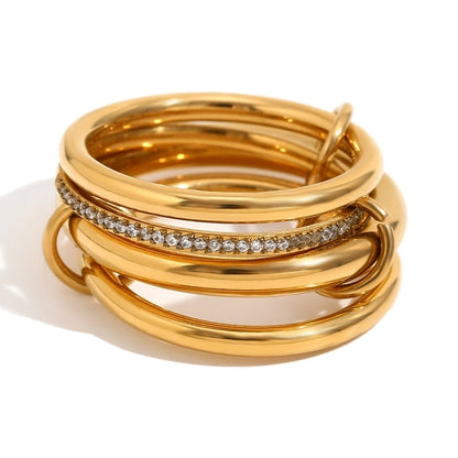 IG Style Circle 304 Stainless Steel Rhinestones 18K Gold Plated Layered Plating Inlay Rings