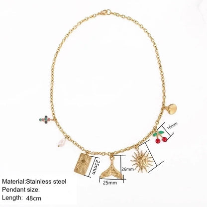 Vintage Style Classic Style Cross Cherry Fish Tail 304 Stainless Steel Rhinestones 18K Gold Plated Asymmetrical Multi Charms Necklace