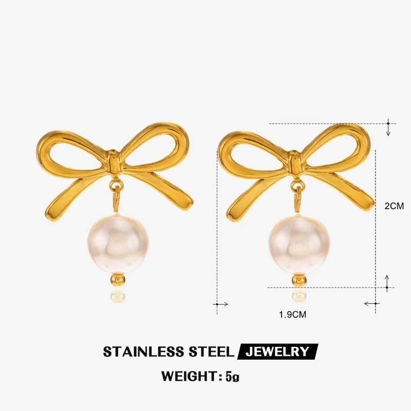 1 Pair Sweet Minimalist Heart Shape Bow Knot Polishing Pearl 304 Stainless Steel Artificial Pearls 18K Gold Plated Drop Earrings