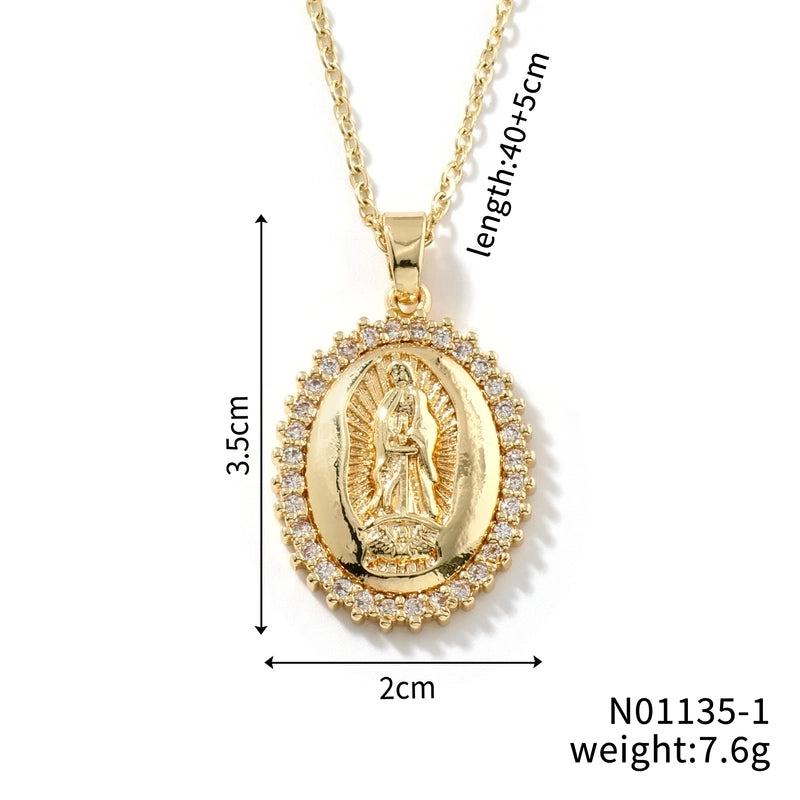 Vintage Style Classic Style Geometric Round Virgin Mary 304 Stainless Steel Copper Zircon K Gold Plated Inlay Pendant Necklace