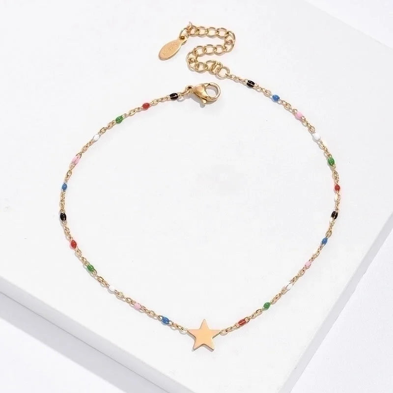 Fashion Pentagram Star Heart Shape 201 Stainless Steel Beads 18K Gold Plated Beaded Plating Anklet