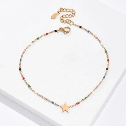Fashion Pentagram Star Heart Shape 201 Stainless Steel Beads 18K Gold Plated Beaded Plating Anklet