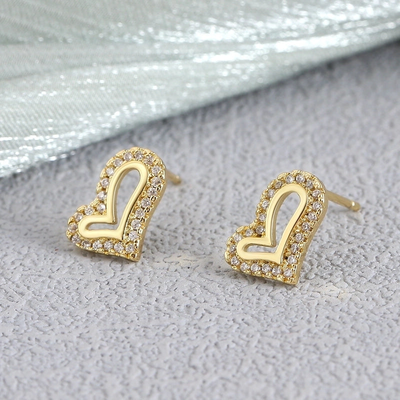 1 Pair Elegant Minimalist Geometric Double Heart Snake Hollow Out Inlay Copper Zircon 18K Gold Plated Ear Studs