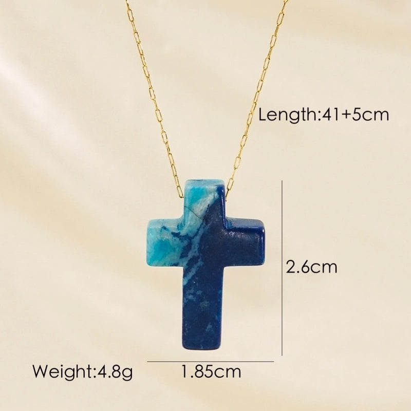 3 Pieces Basic Cross Natural Stone 14K Gold Plated Pendant Necklace In Bulk
