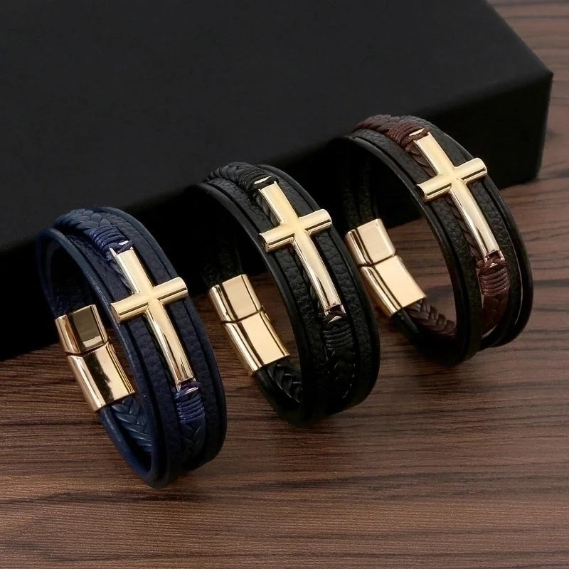 Casual Streetwear Cross 304 Stainless Steel Pu Leather Copper 18K Gold Plated Copper Bangle In Bulk
