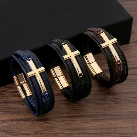 Casual Streetwear Cross 304 Stainless Steel Pu Leather Copper 18K Gold Plated Copper Bangle In Bulk
