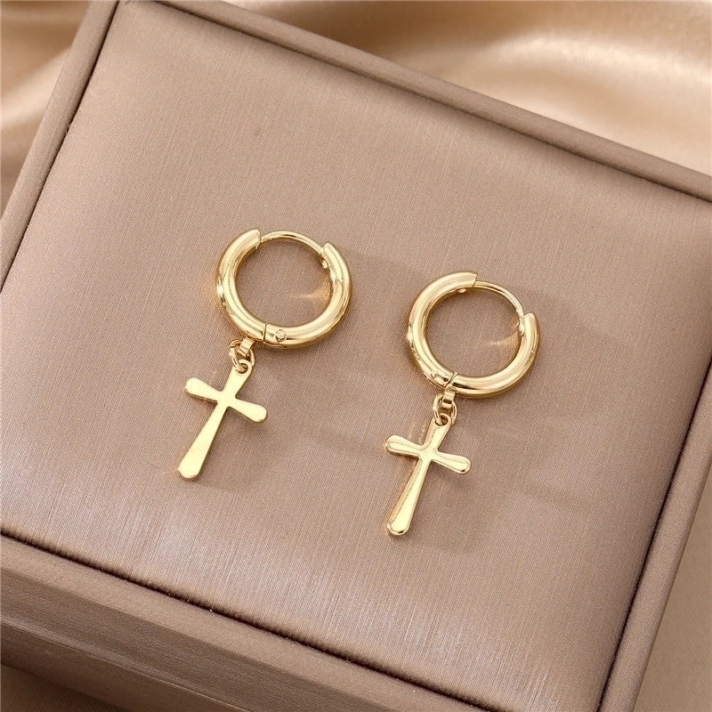 1 Pair Elegant Cross Heart Shape Enamel 201 Stainless Steel Alloy Dangling Earrings