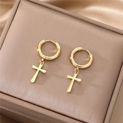 1 Pair Elegant Cross Heart Shape Enamel 201 Stainless Steel Alloy Dangling Earrings