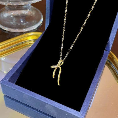 Elegant Classic Style Geometric Moon Bow Knot Titanium Steel Zircon Pendant Necklace