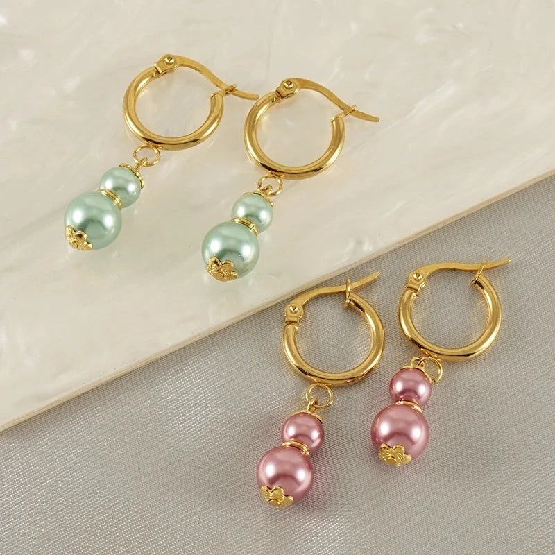 1 Pair Elegant Classical Round Pearl Plating 304 Stainless Steel 18K Gold Plated Drop Earrings