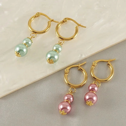 1 Pair Elegant Classical Round Pearl Plating 304 Stainless Steel 18K Gold Plated Drop Earrings