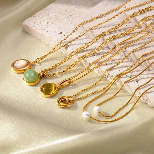 Retro Geometric Round Titanium Steel Agate Tiger Eye Plating Pendant Necklace