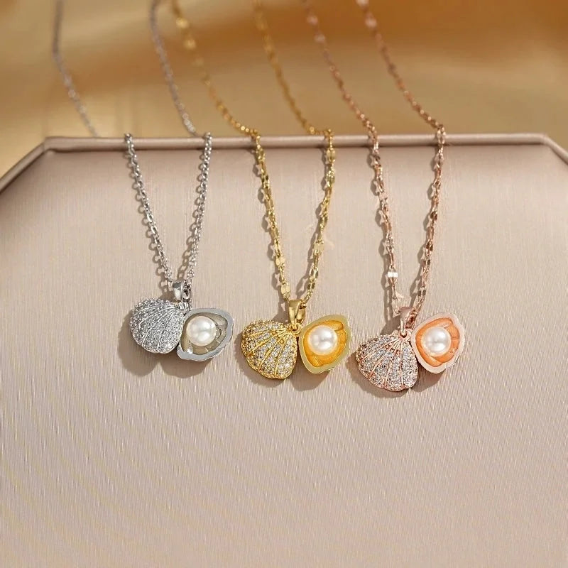 Elegant Shell 304 Stainless Steel Copper Artificial Pearls Zircon 18K Gold Plated K Gold Plated Plating Inlay Pendant Necklace
