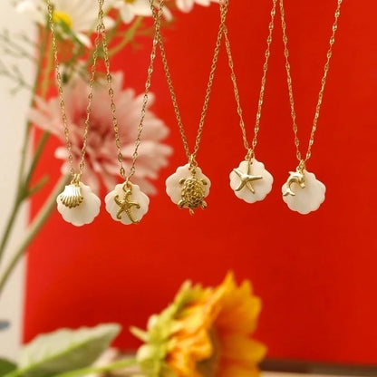 Vacation Marine Style Beach Starfish Dolphin Shell 304 Stainless Steel Shell 18K Gold Plated Pendant Necklace