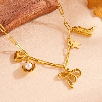 Cute Sweet Star Bow Knot Shell Titanium Steel Pearl 18K Gold Plated Hollow Out Inlay Pendant Necklace