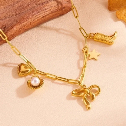 Cute Sweet Star Bow Knot Shell Titanium Steel Pearl 18K Gold Plated Hollow Out Inlay Pendant Necklace