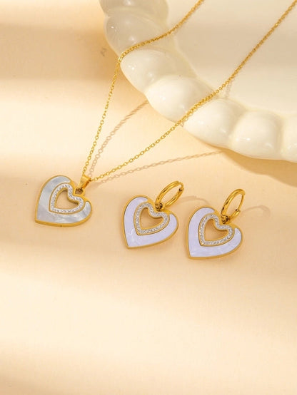 IG Style Minimalist Heart Shape Titanium Steel Shell Zircon Inlay Earrings Necklace