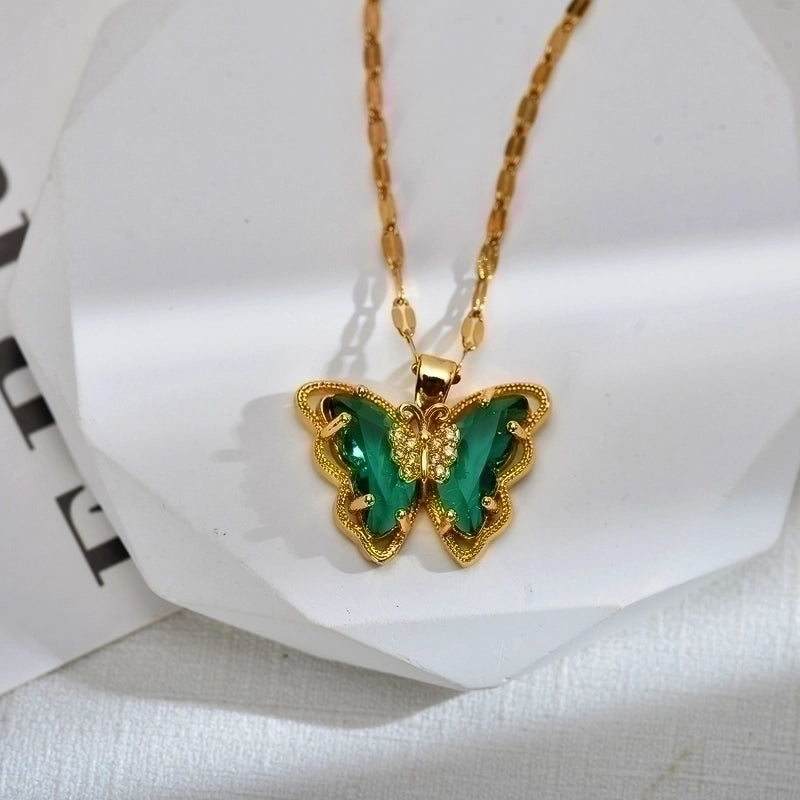 Sweet Butterfly Titanium Steel Copper Zircon Gold Plated Inlay Pendant Necklace