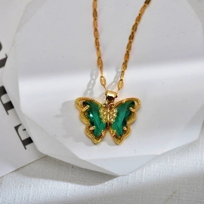 Sweet Butterfly Titanium Steel Copper Zircon Gold Plated Inlay Pendant Necklace