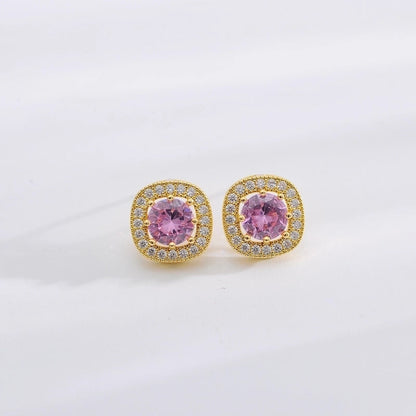 Copper 18K Gold Plated Minimalist Shiny Inlay Square Zircon Rings Earrings Necklace