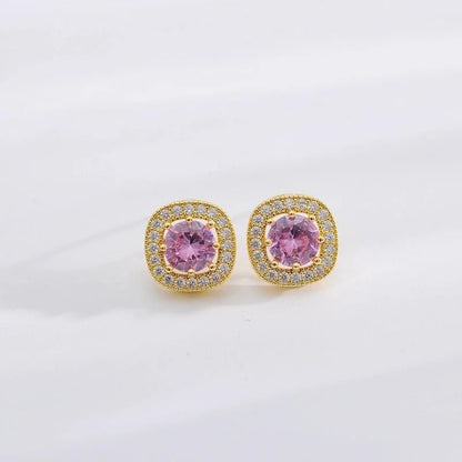 Copper 18K Gold Plated Minimalist Shiny Inlay Square Zircon Rings Earrings Necklace