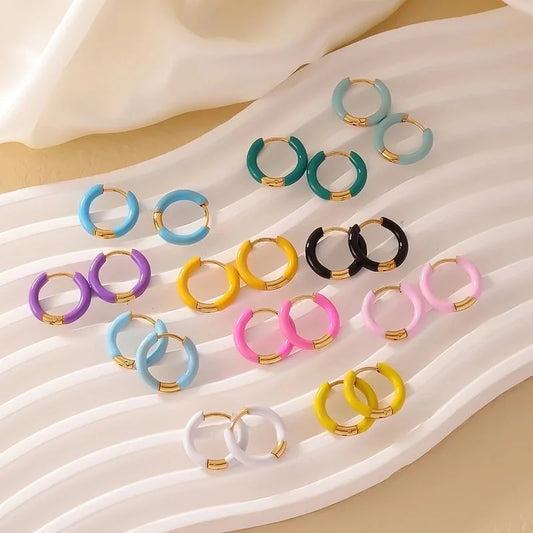 [Whole Titanium Steel] Fashion Colorful Oil Necklace Earrings Geometric Round Titanium Steel Earrings