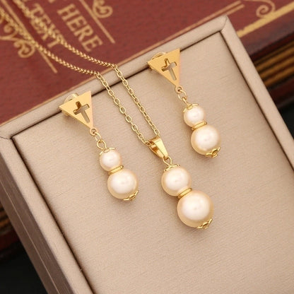 Stainless Steel Artificial Pearl 18K Gold Plated Commute Patchwork Gourd Jewelry Set