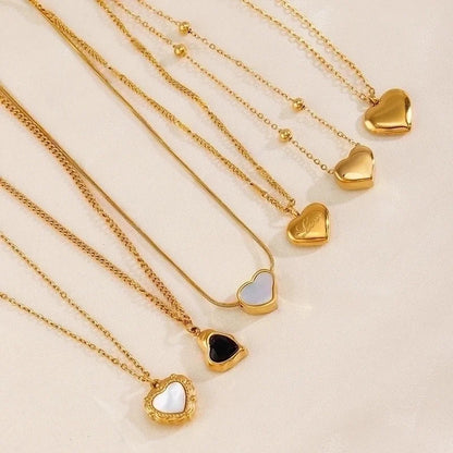 304 Stainless Steel 18K Gold Plated Minimalist Classic Style Plating Inlay Heart Shape Artificial Shell Rhinestones Pendant Necklace
