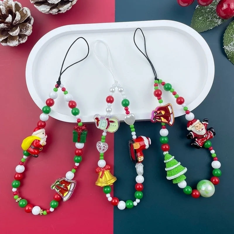 Elegant Minimalist Christmas Tree Santa Claus Snowman Resin Glass Beaded Christmas Mobile Phone Chain